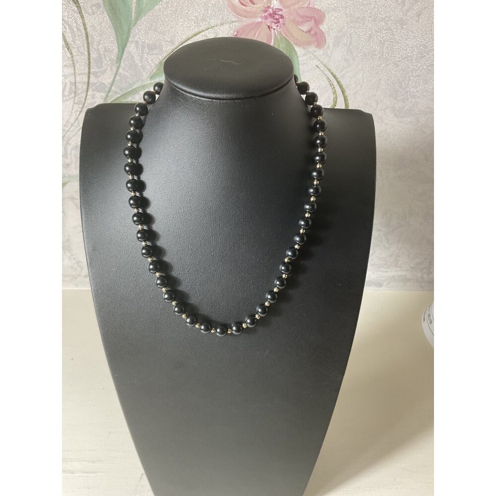 Black Beaded Necklace With Gold Accents Spring Ring Clasp
